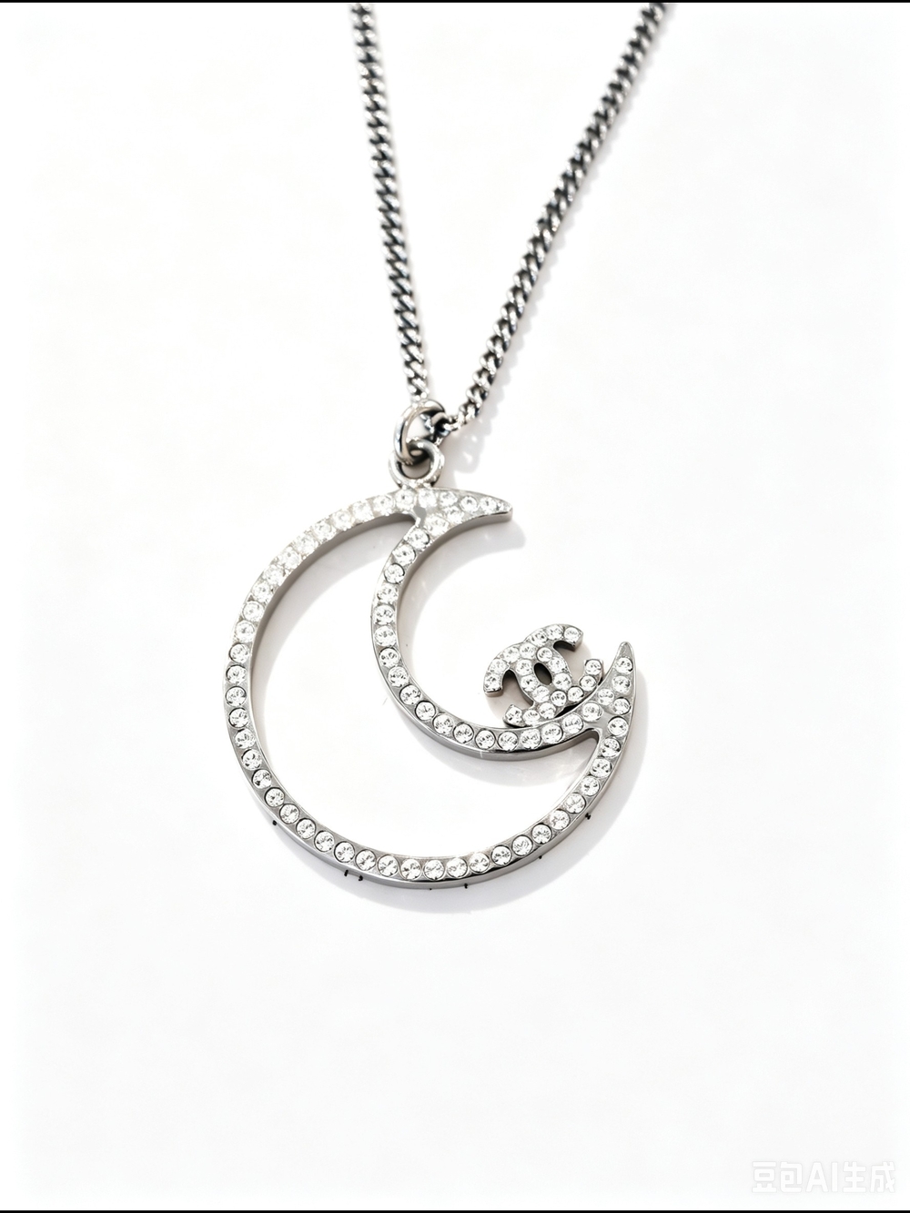 Chanel Crystal Crescent Moon Double C Pendant Necklace